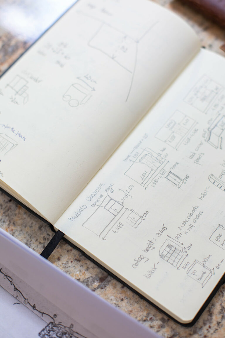 Notebook with classroom measurements and notes used for a kindergarten classroom enhancement project