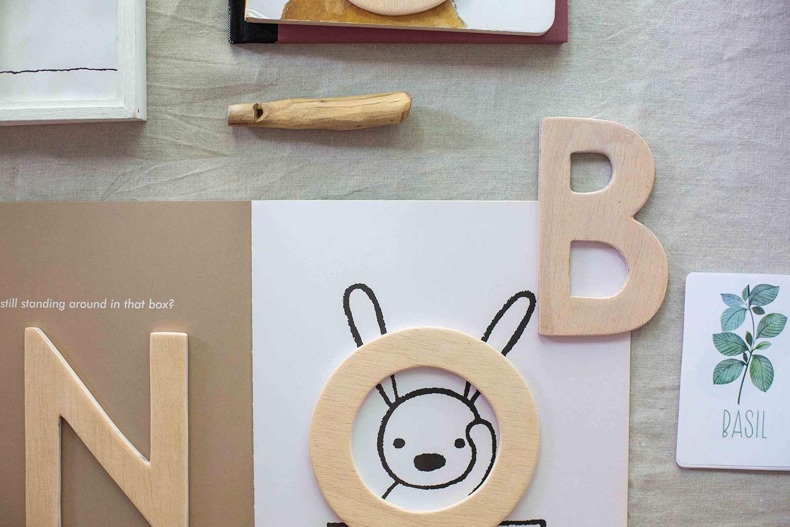 True Toys wooden letters placed on a picture book Not-a-box by Antoinette Portis demonstrating hands-on learning to foster love and curiosity for reading and writing